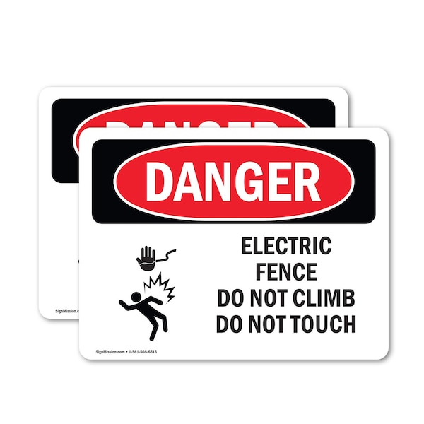 Signmission Electric Fence Do Not Climb Danger Sign, Vinyl Decal, 14in W x 10in L, 2PK OS-2PACK-DS-D-1014-L-2114 - main